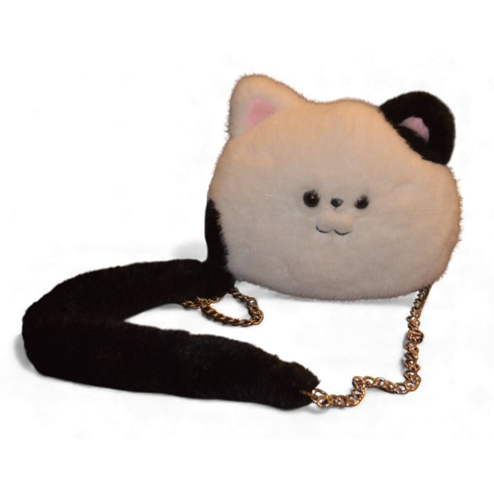 Bioworld Plush Cat Crossbody Bag – Black & White Kitty Purse – Faux Fur – Chain